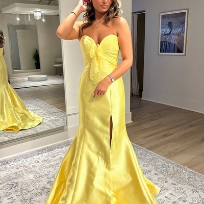 Charming yellow mermaid sweetheart satin slit prom dress with bow , pd231014