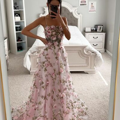 Sexy a-line prom dress, fabulous flowers floral prom dresses