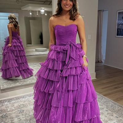 Cute purple ball gown strapless long tiered prom dress, pd231016