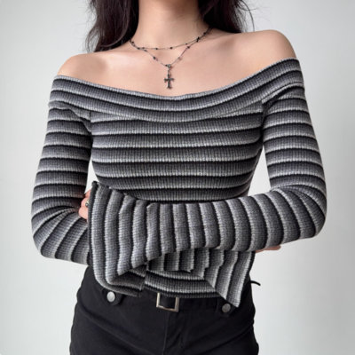 Sexy boat neck striped sweater - Thumbnail 3