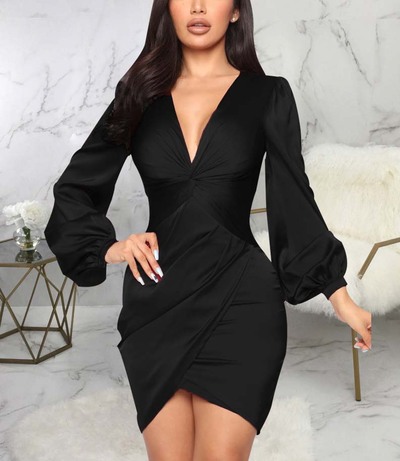 Womens Elegant Bodycon Zipper V-Neck Dresses
