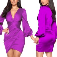 Womens Elegant Bodycon Zipper V-Neck Dresses - Thumbnail 2