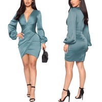 Womens Elegant Bodycon Zipper V-Neck Dresses - Thumbnail 3