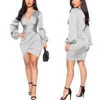 Womens Elegant Bodycon Zipper V-Neck Dresses - Thumbnail 4