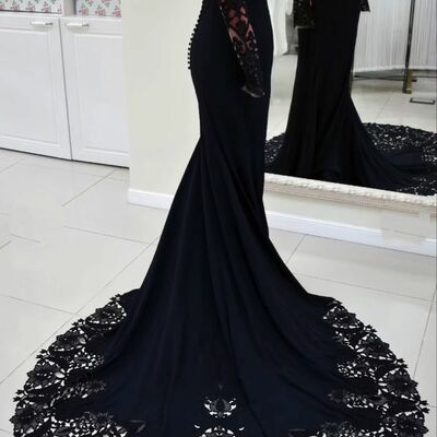 Elegant mother of the bride/groom dress black long sleeve lace evening formal prom dress