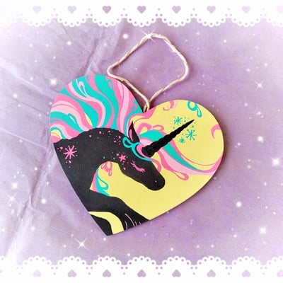 4 x 4.5 black unicorn - heart shaped painting