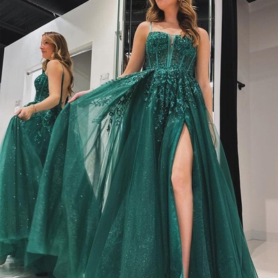 Elegant green  a line spaghetti straps tulle prom dress with appliques, pd231025
