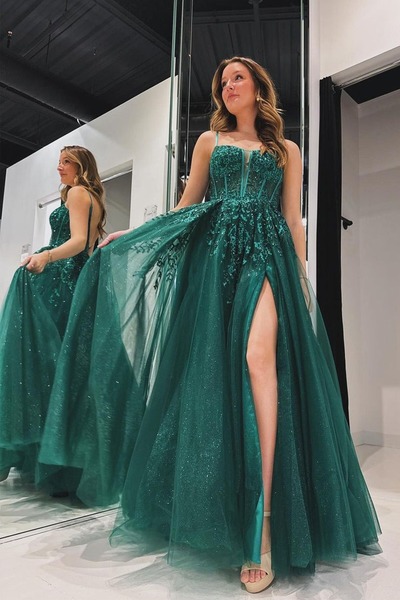 Elegant Green  A Line Spaghetti Straps Tulle Prom Dress with Appliques, PD231025
