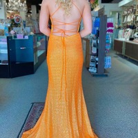  Orange Mermaid V Neck Sequins Long Prom Dress, PD231026 - Thumbnail 1