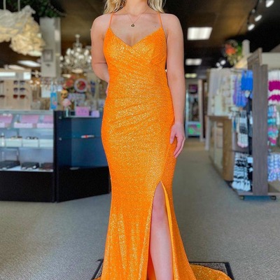  orange mermaid v neck sequins long prom dress, pd231026