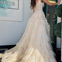 A Line Champagne Off the Shoulder Tiered Tulle Long Prom Dresses, PD231028 - Thumbnail 1