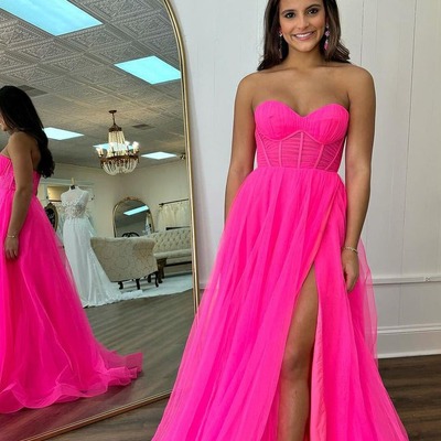 Cute hot pink a line sweetheart tulle long prom dress with slit, pd231029