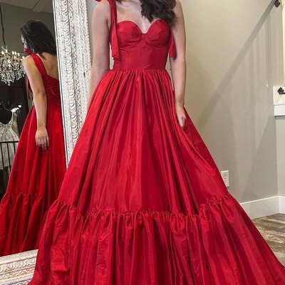 Red ball gown sweetheart satin long prom dress, pd231030