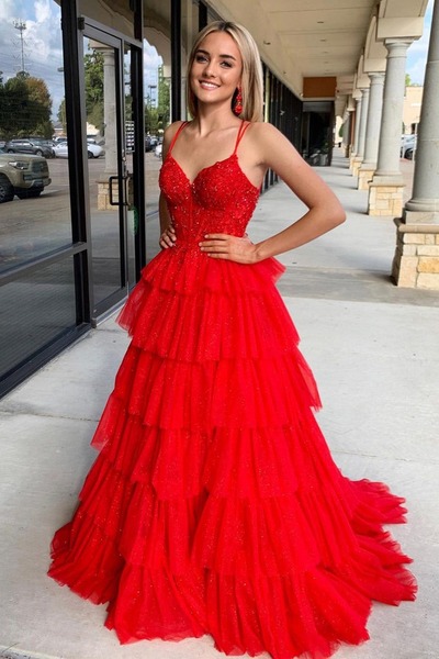 Cute Sweetheart Red Tulle A Line Prom Dress with Appliques , PD231033