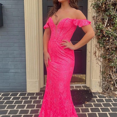 Cute pink mermaid off the shoulder lace prom dress , pd231034