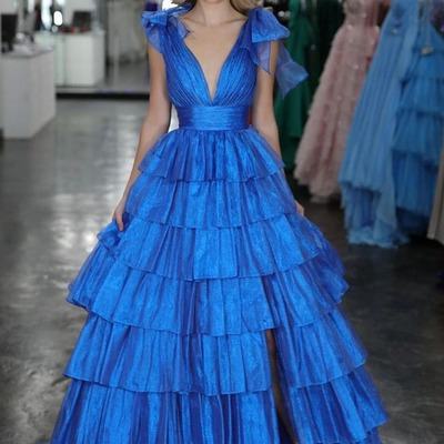 A line royal blue v neck tiered satin long prom dresses , pd231035
