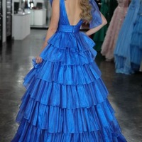 A Line Royal Blue V Neck Tiered Satin Long Prom Dresses , PD231035 - Thumbnail 1
