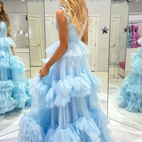 A Line Light Blue Tiered Tulle Long V Neck Prom Dresses , PD231036 - Thumbnail 1