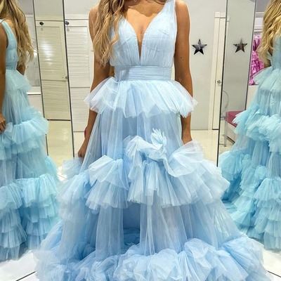 A line light blue tiered tulle long v neck prom dresses , pd231036