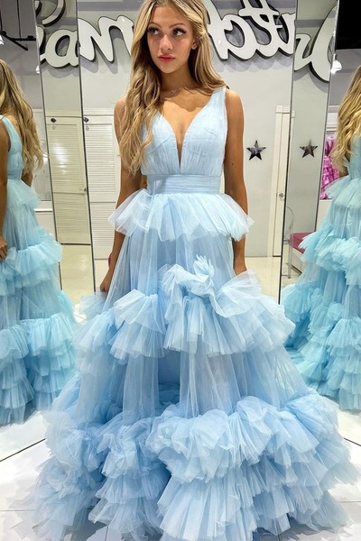 A Line Light Blue Tiered Tulle Long V Neck Prom Dresses , PD231036