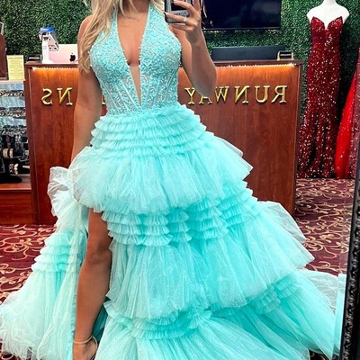 Halter ruffle tiered long prom dress, ball gown ,pd231037