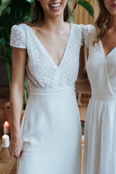 Sexy  V-neck Wedding Dress, Lace Bodice Satin Bridal Dress Wedding Gown