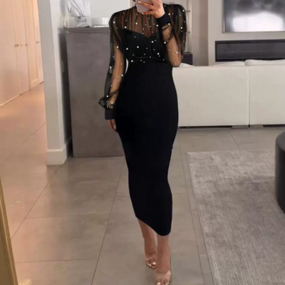 Solid color fashion mesh nail bead splicing long sleeved dress