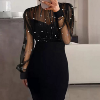 Solid Color Fashion Mesh Nail Bead Splicing Long Sleeved Dress - Thumbnail 2