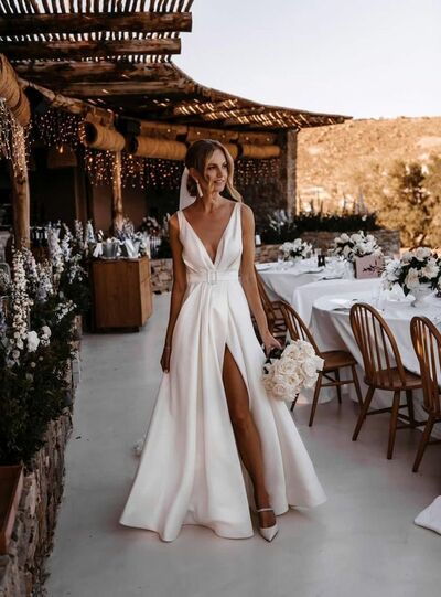 Simple Sexy Wedding Dress, Deep V-neck Satin Bridal Dress Wedding Gown