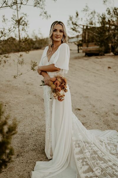Boho Sexy Wedding Dress, V-neck Bridal Dress Wedding Gown