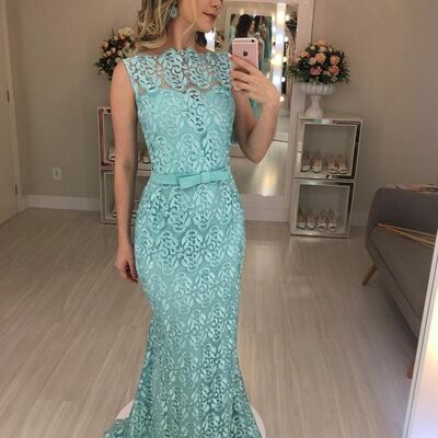 Elegant mother of the bride/groom dress blue lace evening formal prom dress