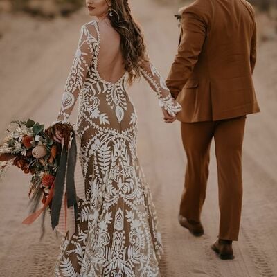 Sexy champagne mermaid wedding dress, appliques tulle bridal dress wedding gown - Thumbnail 2