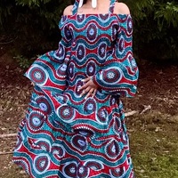Off the Shoulder w/ Elastic Bodice Dress & Headwrap - Thumbnail 2
