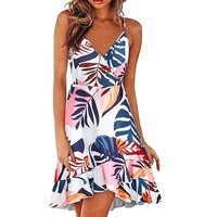 Womens' Summer V Neck Floral Spaghetti Strap Dress - Thumbnail 3