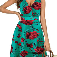 Women Elegant Floral V-neck sleeveless Dress With pockets - Thumbnail 2