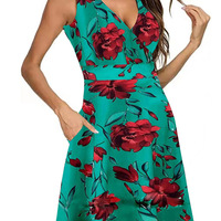 Women Elegant Floral V-neck sleeveless Dress With pockets - Thumbnail 7