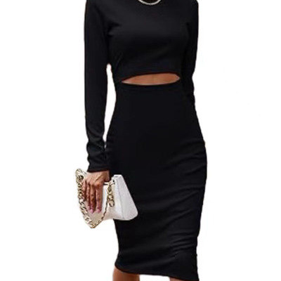 Women's long sleeve round neck hollowed out knitted slim pencil skirt casual dress