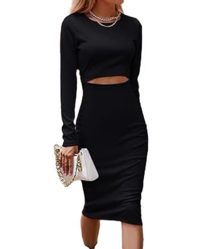 women's long sleeve round neck hollowed out knitted slim pencil Skirt Casual Dress