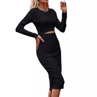 women's long sleeve round neck hollowed out knitted slim pencil Skirt Casual Dress - Thumbnail 2