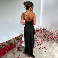 sexy slim fit sloping shoulder slit satin dress for women - Thumbnail 1