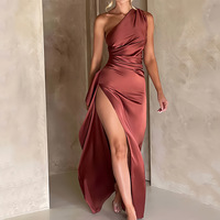 sexy slim fit sloping shoulder slit satin dress for women - Thumbnail 2