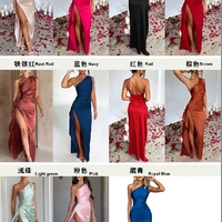 sexy slim fit sloping shoulder slit satin dress for women - Thumbnail 5