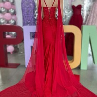 Charming V Neck Red Satin Beading Mermaid Prom Dress with Slit ,PD231039 - Thumbnail 1