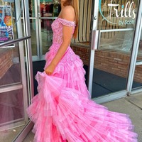 Charming Off the Shoulder Pink Tiered Tulle A Line Prom Dress ,PD231043 - Thumbnail 1