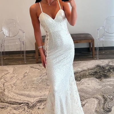 Cute v neck white sequins long mermaid prom dress with appliques ,pd231044