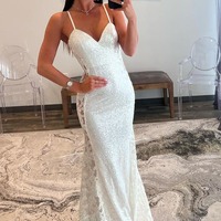 Cute V Neck White Sequins Long Mermaid Prom Dress with Appliques ,PD231044 - Thumbnail 2