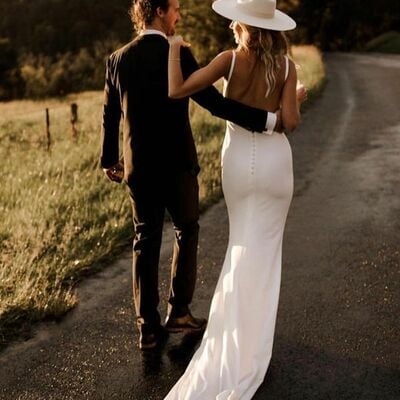 Sexy sheath wedding dress, deep v-neck open back bridal dress wedding gown