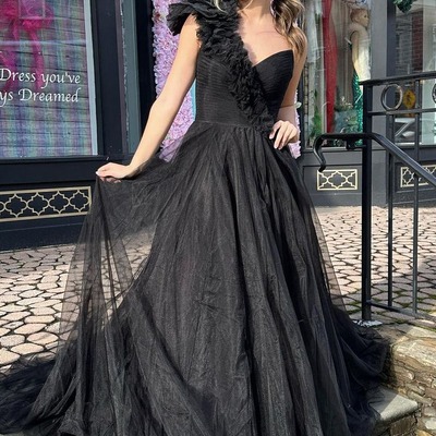 Cute black ball gown one shoulder tulle long prom dress ,pd231049