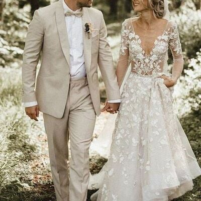 Sexy a-line flowers appliques wedding dress, deep v-neck tulle bridal dress wedding gown