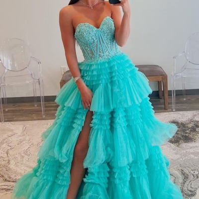 Cute sweetheart mint tulle tiered a line long prom dresses with appliques ,pd231052